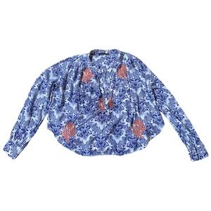 THML Button Front Blue and White Damask Print with Coral Blouse in Size Small